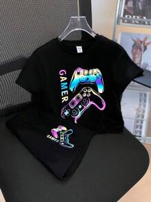 Conjunto Camiseta e Short  de Malhas de Verão Casual para Menino Jovem, com Estampa de Video Game Colorido, Gola Redonda, Camiseta com Manga Curta e Shorts