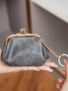 MIYIN Women's Mini Cute PU Leather Wallet, Lightweight Solid Color Minimalist Kissing Lock Small Wallet, Portable Handheld Purse With Keychain, Student Wallet, Mini Wallet, Coin Purse, Retro Style - Grey - View 2