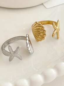 1/2pcs Stainless Steel Oil Pressure Rust-Resistant Ring With Starfish & Scallop Decor, Silver & Gold Color, Suitable For Summer Beach Wear