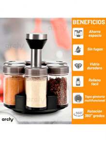 Especiero 6 Frascos Vidrio Giratorio Organizador Condimentos - Gris - Ver 5