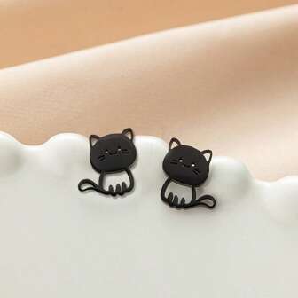 1 Pair Of Cute Cat Punk Style Stainless Steel Stud Earrings, Small Animal Kitten Jewelry, Ladies Ideal Accessory Jewelry Birthday Gift