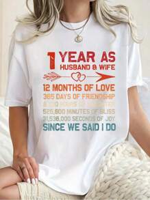 1 Year As Husband & Wife 1St Anniversary Gift For Couple T-Shirt Print T-Shirt, Casual Crew Neck Short Sleeve Comfort Tee Top For Spring & Summer, Women'S Clothing - White - View 1