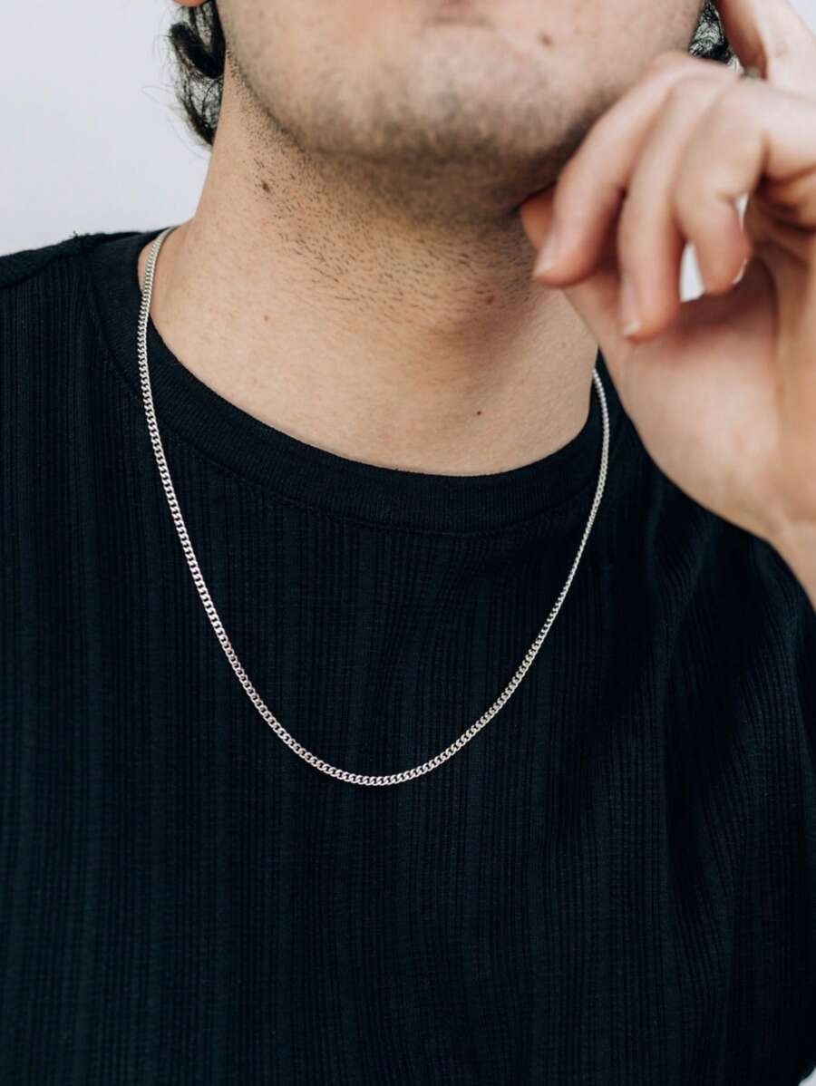 Men's Silver Cuban Necklace, Stainless Steel Chain Necklace For Men, Basic Necklace, Minimalist Jewelry,Fashion Jewelry Gifts For Brothers And Boyfriends, Christmas Jewelry Gifts - Silver - View 1