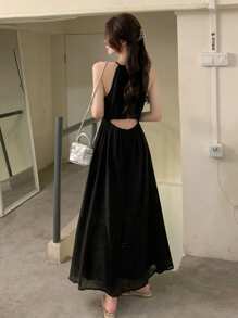 夏季女士独特设计吊带连衣裙，新款娇小长款派对连衣裙黑色 - 黑色 - 查看 6