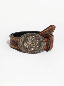 1pc Retro Brown Rivet Rose Buckle PU Leather Belt - Brown Rivet Rose - View 2