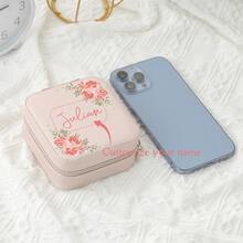 1pc Customizable Name Leather Jewelry Box,Mother's Day Gift, Personalized Birthday Flower Design, Versatile Storage Case For Bridesmaid Gift, Birthday, Valentine'S Day Present, Classic Style, Rectangular, Snap Closure, Plastic Interior, No Power Required, Jewelry Boxes