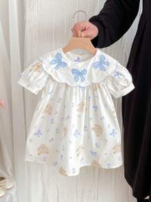 Váy bé gái dễ thương hình gấu, nơ và họa tiết hoa xếp nếp - Màu xanh lam - Xem 10