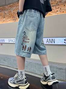 Tween Boys' Ripped Denim Bermuda Shorts With Cartoon Print - Blue - View 5