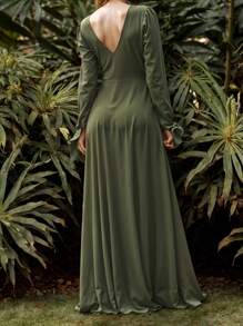 Women's Elegant V-Neckline Open Sleeve Evening Dress With Long Ribbon Details On Wrists