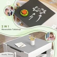 HOMCOM 3 Piece Kids Table And Chair Set, 2 In 1 Design Kids Desk And Chair Set With Blackboard, Storage, Bookshelves, For Nursery, Playroom, Classroom - Grey - Grey - View 3