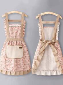 Home & Living,Kitchen & Dining,Kitchen Tools & Gadgets,Canvas Floral Hand Wipe Apron,Kitchen Home Cooking Oil And Stain Resistant Apron,Cooking Apron,Adjustable Belt,Hand Wipe,Breathable Fabric,Cute Floral Apron,Suitable For Kitchen And Bathroom,Household Supplies - Multicolor - View 5