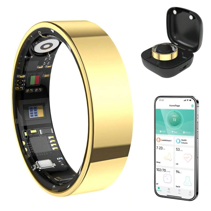Smart Ring Health Tracker, Bluetooth Connection Vital Health Ring For Women Men, IP68 Waterproof Fitness Ring With Gesture Control, Tracks Heart Rate/Blood Pressure/SpO2/Sleep/Steps/Sports Activities - 金色 - 查看 1