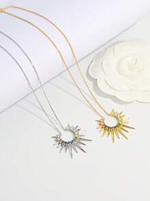 Vaerine 1pc Elegant Luxury Shiny Classic 925 Sterling Silver Cubic Zirconia Sun Shine Pendant Necklace, Charming For Women Dating, Party, Daily Wear, Gift - One Size - View 1