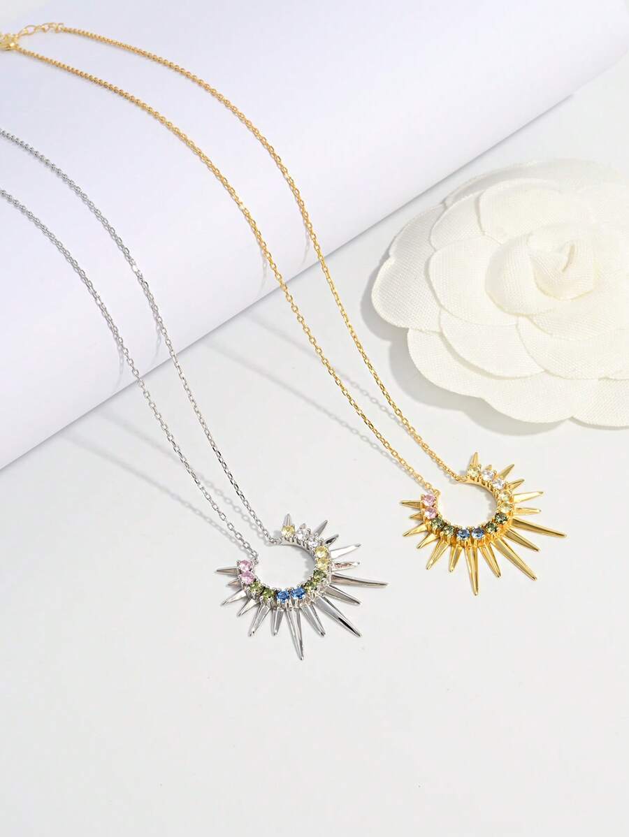 Vaerine 1pc Elegant Luxury Shiny Classic 925 Sterling Silver Cubic Zirconia Sun Shine Pendant Necklace, Charming For Women Dating, Party, Daily Wear, Gift - One Size - View 1