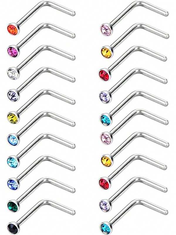 20 piezas de anillos para la nariz en forma de L, curvas, de acero inoxidable de 20 calibre, con cristales, para piercings de nariz de tipo tornillo