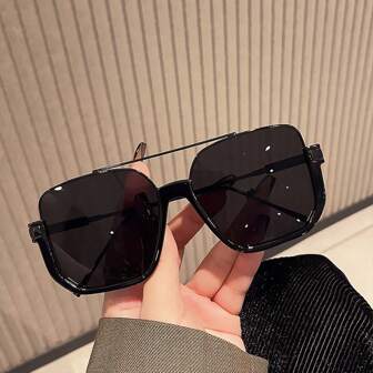 1pc Unisex Retro Oversized Transparent Frame Fashion Glasses With Double Bridge, High-End Chic Look