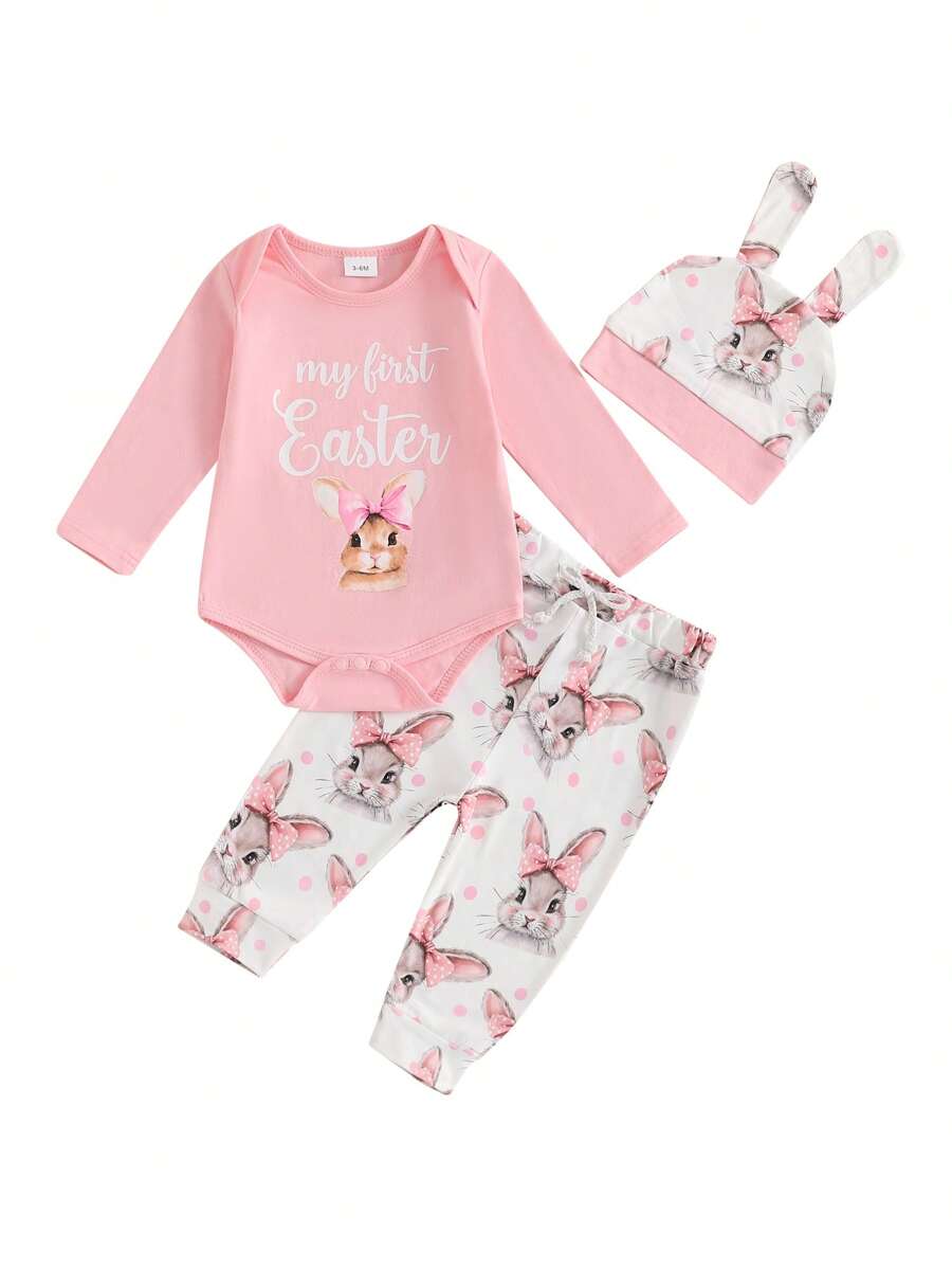 My First Easter Baby Girl Outfit Newborn Long Sleeve Bodysuit Top Letters Print Romper With Bunny Print Pants And Hat Spring Summer Easter Clothes