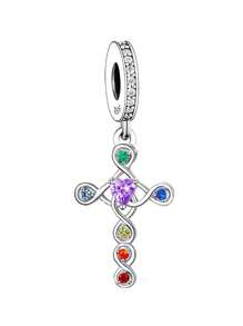 1pc 925 Sterling Silver Cross Pendant, Studded With Colorful Cubic Zirconia Stones, DIY Jewelry, Suitable For Men And Women, Easter Gift - Silver - View 1