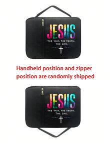 1 件时尚简约复活节耶稣印花圣经袋和 1 件不锈钢书签带和链条，手提包带手柄拉链口袋储物收纳袋收纳袋