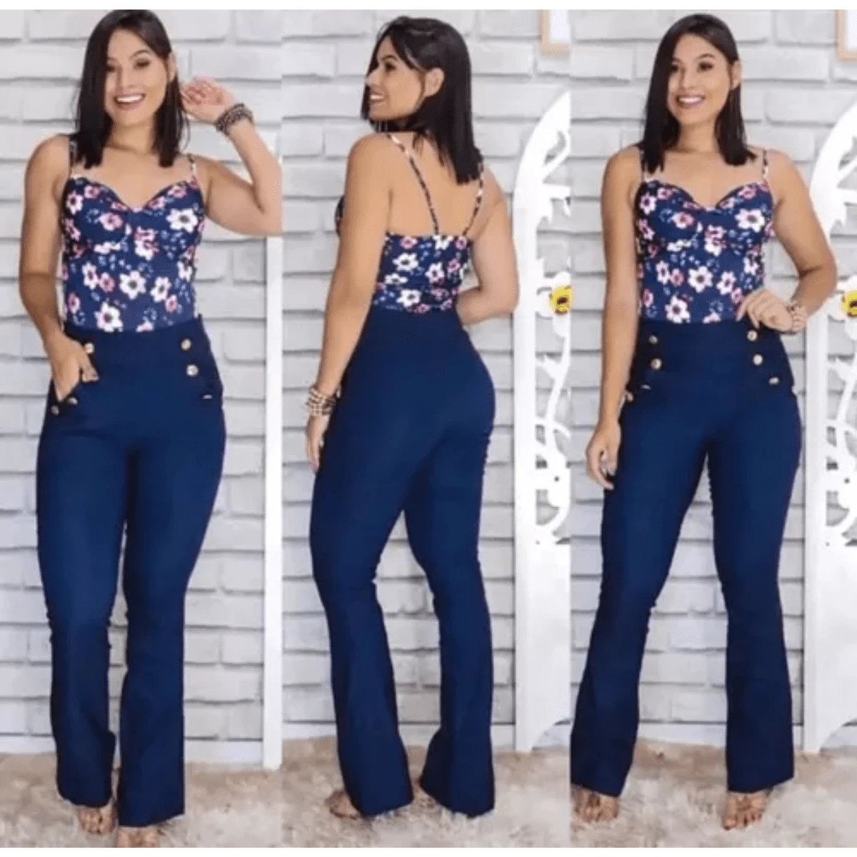 Women's Bengaline Button Flare Pants Office Party - Navy Blue - View 1