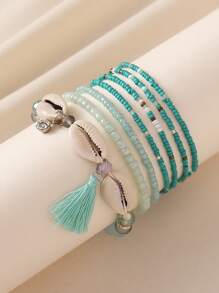 Set de 7 piezas de pulseras con borlas de cuentas de concha y resina con estilo bohemio, adecuado para mujer en la playa, vacaciones, uso casual, bar - Azul - Ver 4