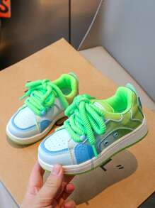 Girls' Colorful Contrast Neon Green Skateboard Style Casual Sports Sneakers, New Kids White Shoes
