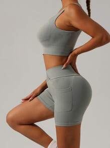 女士纯色瑜伽服套装运动胸罩内衣提臀短裤健身美体吊带塑身背心