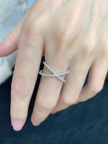 1pc S925 Sterling Silver Cross Design Synthetic Cubic Zirconia Ring, Fashion & Elegant Lady Daily Wear Quality Jewelry
