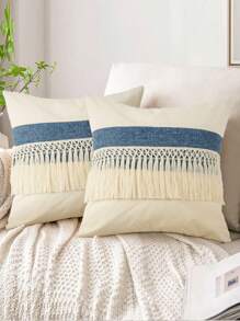 1 件波西米亚风流苏靠垫套，拼布帆布抱枕套（不含枕芯） - 藍色 - 查看 4