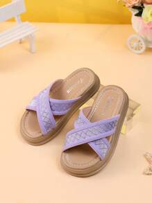 新款春夏女童户外凉鞋，时尚儿童平底鞋，大童厚底交叉带公主波西米亚沙滩凉鞋，幼儿女童拖鞋 - 紫色 - 查看 4