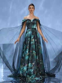 DELLA COUTURE Royal And Glamorous Dark Green Off The Shoulder Train Evening Gown, Wedding Guest Dress ​ Exquisite Floral Print Hand-Embroidered Beads Luxury Formal Wear For Weddings, Galas And Banquets Elegant Romantic Women's Party Dress Summer Collection - Dark Green - View 10