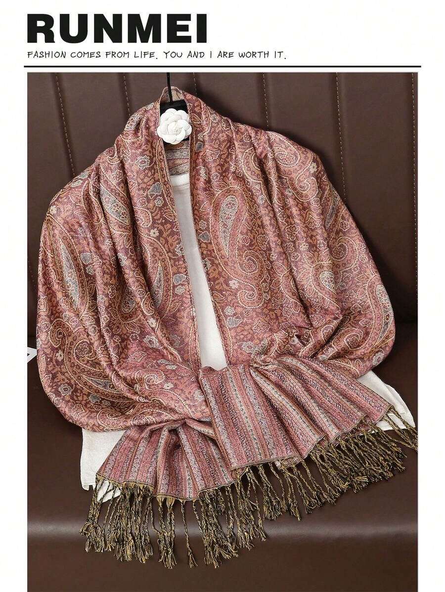 1 écharpe jacquard cachemire classique pour femme, châle pour la tête des dames en plein air, écharpe bohème vintage à la mode polyvalente, hijab musulman pour l'automne et l'hiver - Cuir Rose - Voir 1