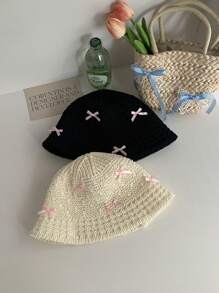 1 件可爱蝴蝶结丝带镂空透气瘦身渔夫帽，女士夏季防晒帽，手工编织蝴蝶结草帽