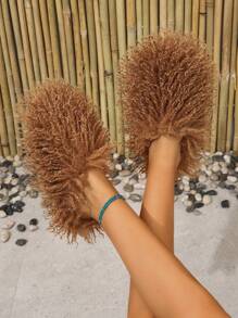 人造毛皮和羊毛卷边女士拖鞋，保暖内衬，静音耐磨冬季室内拖鞋 - 棕色 - 查看 3