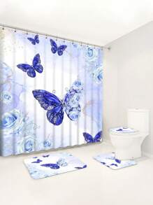 1pc/4pcs Set Blue Butterfly & Floral Multifunctional Bathroom Waterproof Shower Curtain With 12 Hooks, Bathroom Anti-Slip Mat, U-Shape Toilet Mat And Round Toilet Seat Cover, Bathroom Accessory Set For Full Scene Use