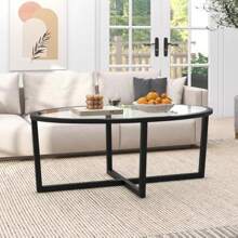 Giantex Glass Coffee Table, 46.5" Oval Accent Sofa Tea Table With Tempered Glass Top, Cross Base & Acacia Wood Legs, Cocktail Table Center Table For Living Room Home Office, Black - default - View 4