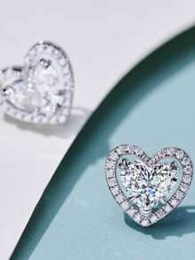 1 对 S925 纯银时尚心形合成锆石耳钉，优雅优质女士珠宝 - 銀色 - 查看 3