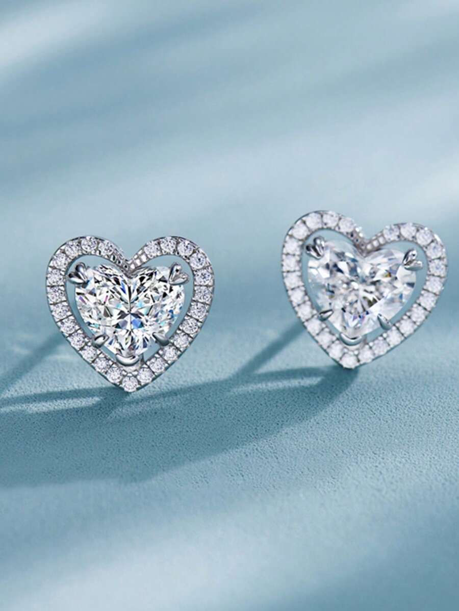 1 对 S925 纯银时尚心形合成锆石耳钉，优雅优质女士珠宝 - 銀色 - 查看 1