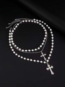 3pcs Vintage Punk Cross Pendant Necklace Set, Men's Casual Simple Adjustable Charm Jewelry - Silver - View 2