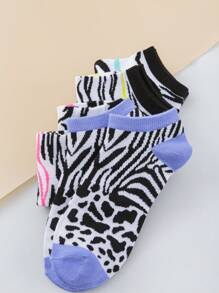 5 Pairs Women's Socks Zebra Print Black & White No-Show Breathable Casual Socks For Daily/Travel/Gym (Summer)