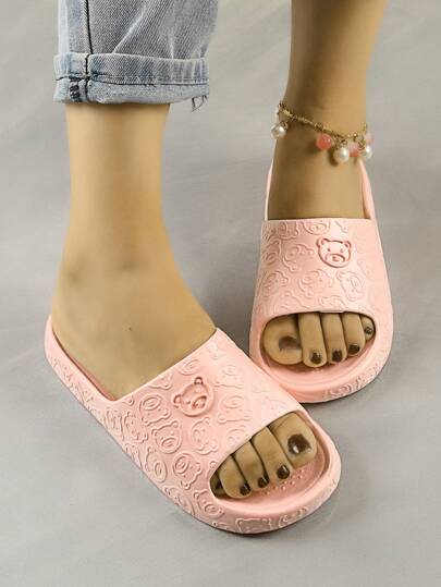 女士夏季拖鞋室内家居浴室淋浴凉鞋，可爱卡通熊，黑色