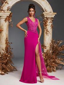 优雅奢华 V 领透明无袖蕾丝贴花亮片鱼尾下摆开衩薄纱长裙晚宴派对婚礼宾客伴娘舞会礼服，适用于婚礼、晚宴、鸡尾酒会、度假、舞会、节日、晚礼服、正式礼服 - 玫紅色 - 查看 8