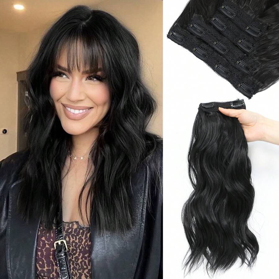 Clip In Hair Extensions, 14inch Short Wavy Curly Clip In Hair Extensions For Women 4Pcs Synthetic Beach Wavy Hair Extensions Invisible Lace Weft Hairpiece For Women - 1B# - 查看 1