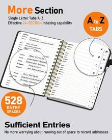 WEMATE Spiral Address Book With Alphabetical Tabs, Leather Password Book, Address Organizer Telephone Notebook Journal Keep Contact Safe Hardcover Large Print For Seniors Home Office 5.8″*8.2″ - 黑色 - 查看 3