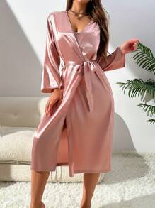 Bộ đồ ngủ Pijama 2 món cho nữ, áo choàng dài & váy ngủ trơn, váy vải lụa thanh lịch kiểu dáng đồ mặc nhà thích hợp mặc ở nhà, mặc mọi mùa, mặc thu đông - Hồng - Xem 6