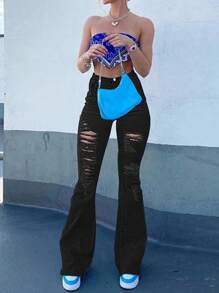 Ripped Raw Hem Flare Leg Jeans,Ladies Button,Pocket,Raw Hem,Ripped,Zipper High Waist Flare Leg Extra Long Black Regular Fit Women Jeans,Spring/Fall,Casual Daily Wear - màu đen - Xem 3