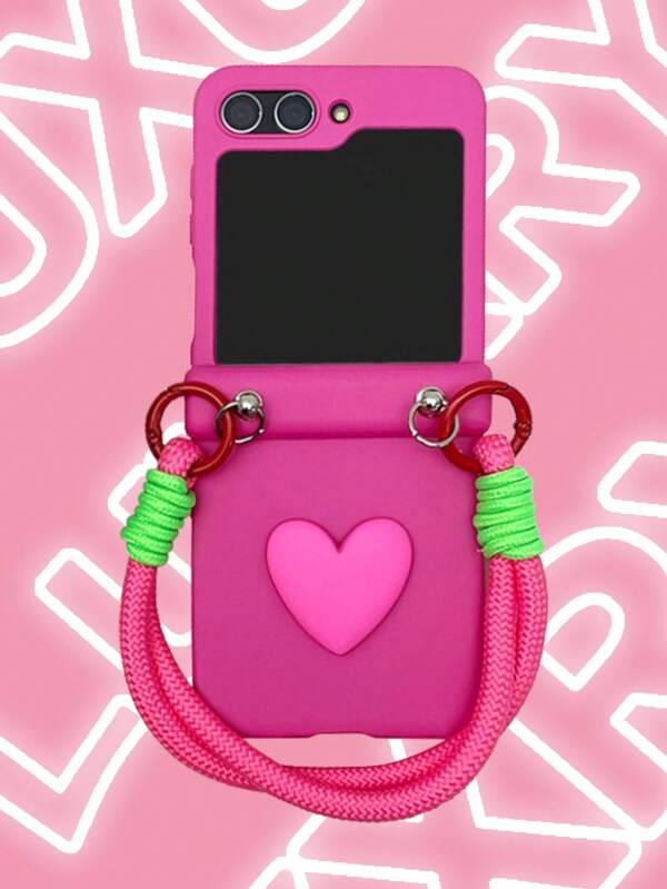 Custodia flip per telefono in PC color rosa lussuoso a forma di cuore, con cordino intrecciato in nylon, compatibile con Samsung Galaxy Z Flip 6, Z Flip 5, Z Flip 4, Z Flip 3, finitura opaca al tatto, protezione rigida per il retro