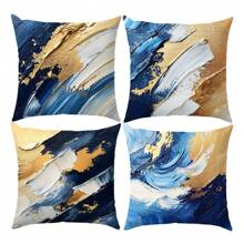 4 stuks blauw, wit en gouden abstracte schilderij illustratie patroon decoratieve kussensloop set, zachte perzikhuid pluche stof, enkelzijdige print 45*45cm, geschikt voor woonkamer, slaapkamer, bank, cadeau