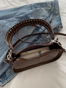 Fashionable Retro Rectangular Handbag, Women's Rivet Decor Underarm Tote Bag, Classic Zipper Shoulder Bag, Vintage Bag For Women - Coffee - View 6