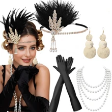 6pcs 1920s Single Party Costume Headband, Earrings, Necklace, Gloves 4-Piece Set, Masquerade Ball Accessories, Easter Party Outfit - Gold - View 4